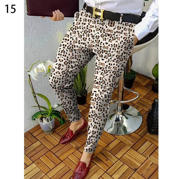 Men's slim-fit plaid casual trousers in polyester blend fabric with straight leg design