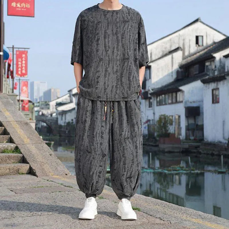 Men's thin loose two-piece suit with knitwear jacket and cropped pants in national style