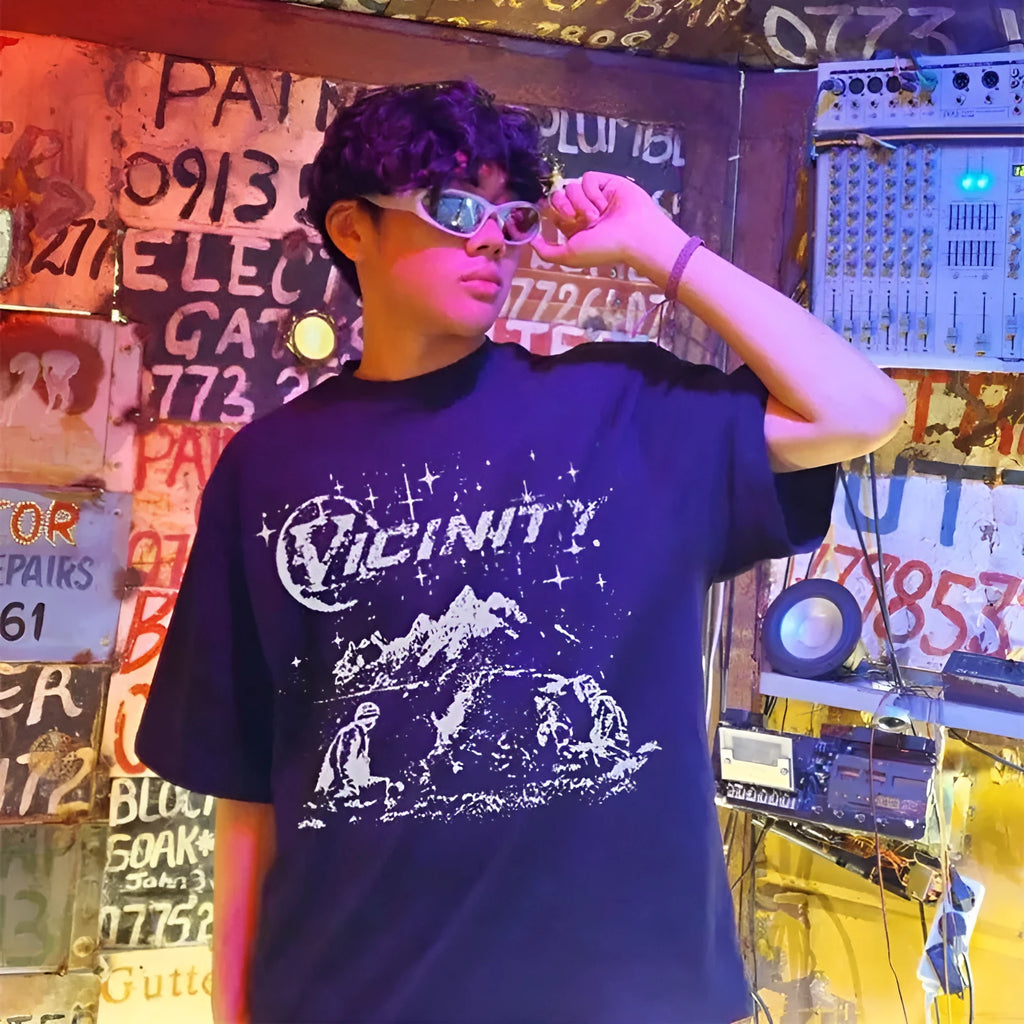 Men's black cotton t-shirt with artistic Chinese retro printing, loose fit with short sleeves