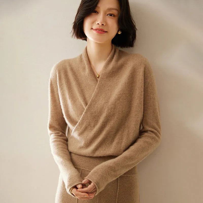 Women's solid colour V-neck cashmere sweater top with hooded style and long sleeves in Soft Cloud White