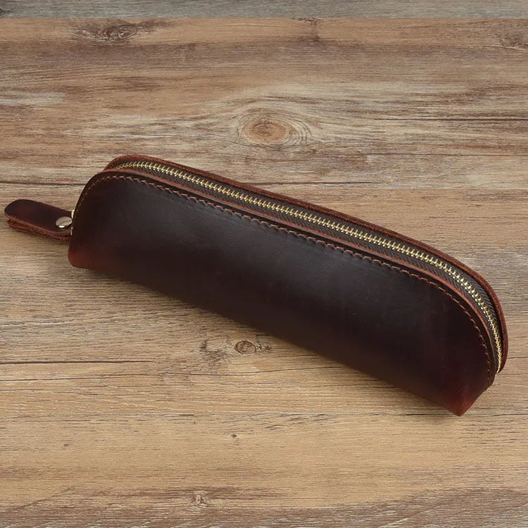 Square handmade cowhide leather pencil case with zipper in black, brown, dark brown, or yellow.