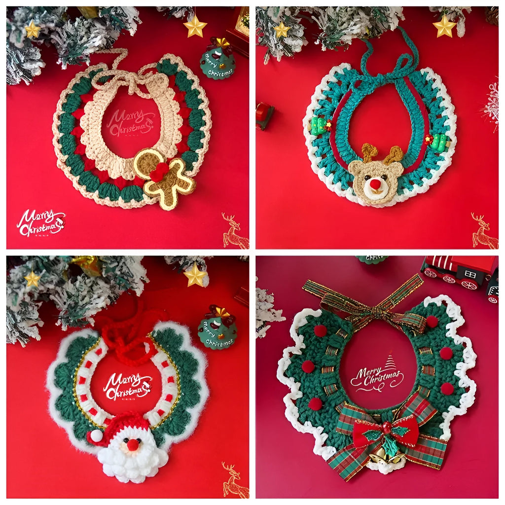 Adjustable Christmas knit pet collar with crochet elk pattern for cats and small dogs, sizes L and M