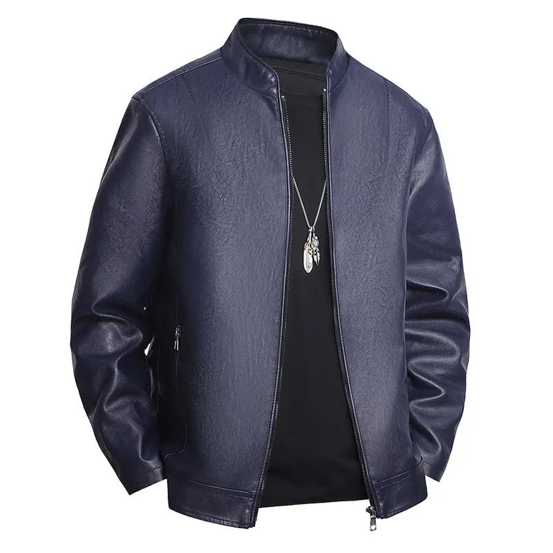 Slim-fit men's PU leather casual jacket in black with a regular 50cm length and polyester lining