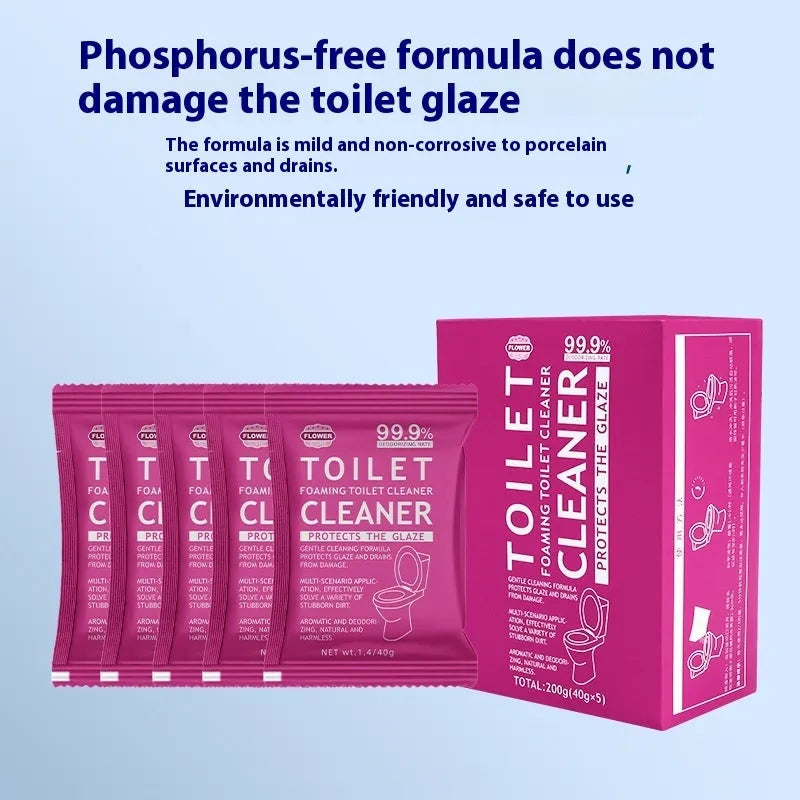 Toilet bubble powder cleaning product in blue ocean or pink floral fragrance, 240g bag or box of 5 sachets.