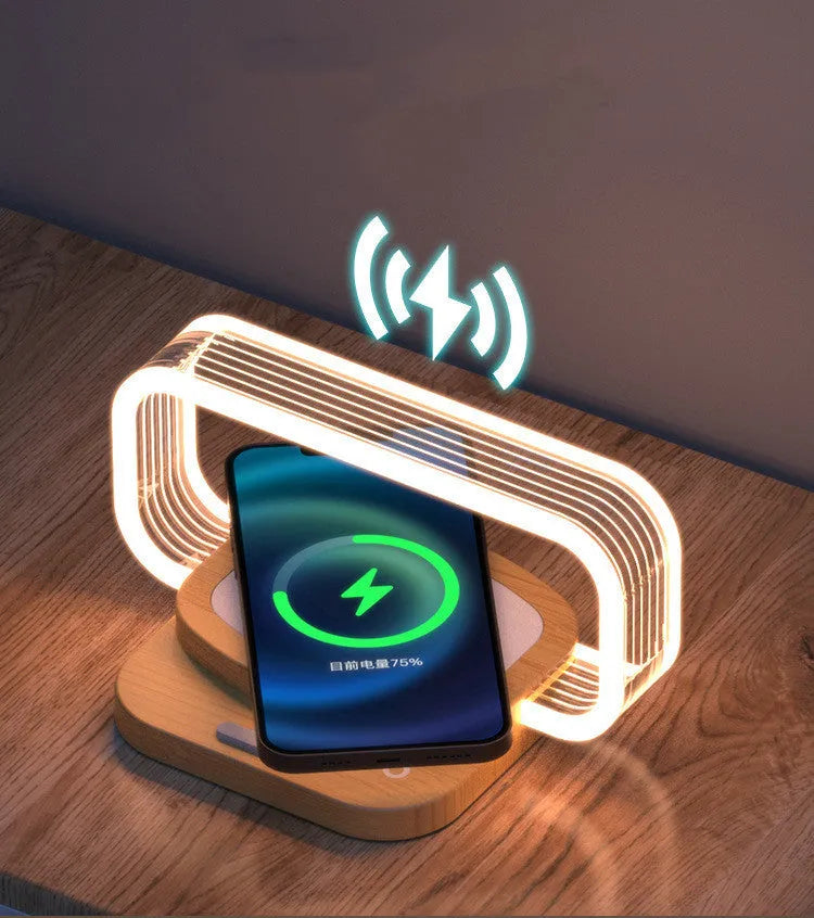 Wooden acrylic small night lamp with wireless charger, 156x105x76mm, USB powered
