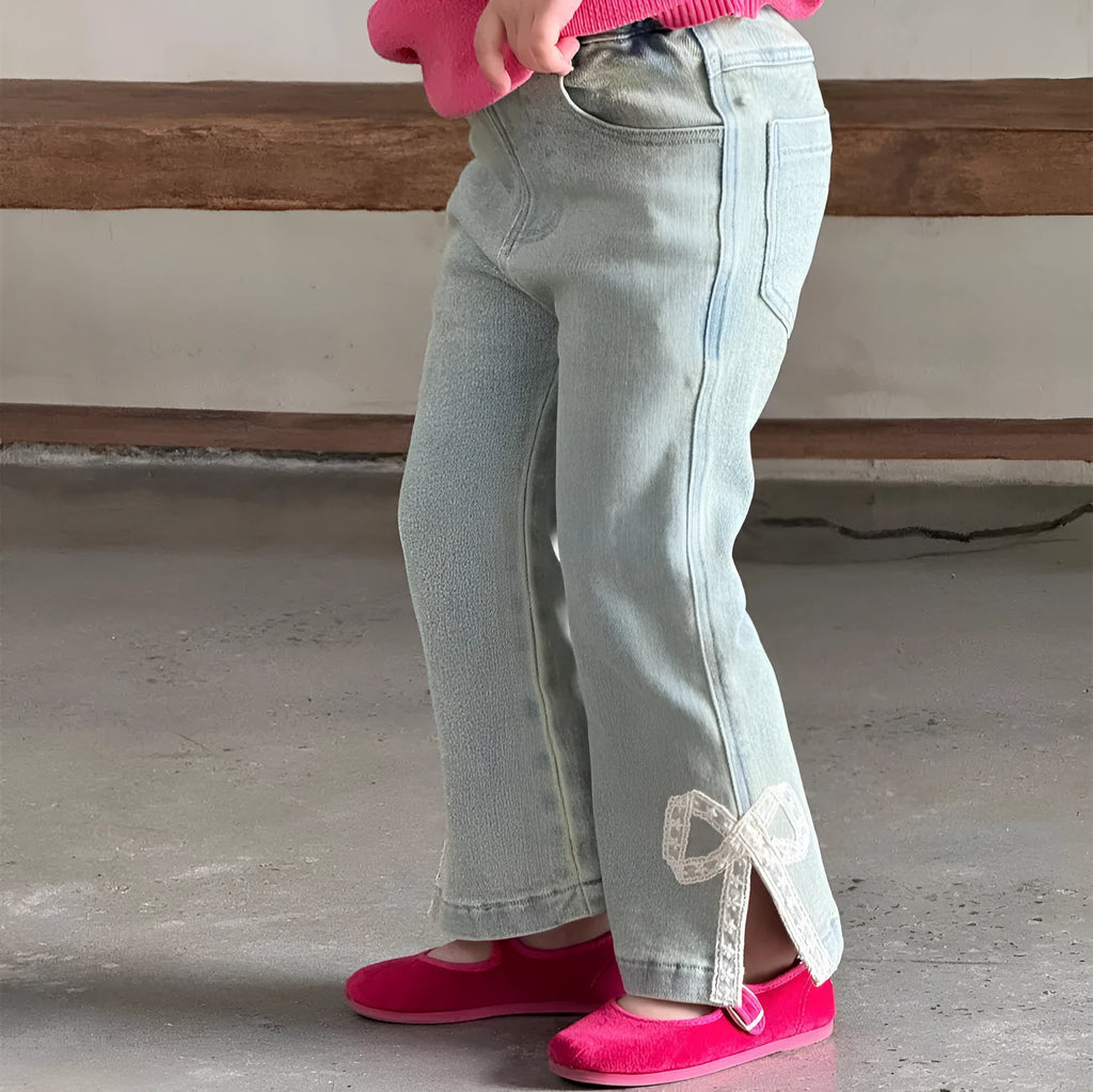 Vintage elastic lace bow bell-bottom pants in cotton denim, flared leg with lace detail, sizes 90-140cm