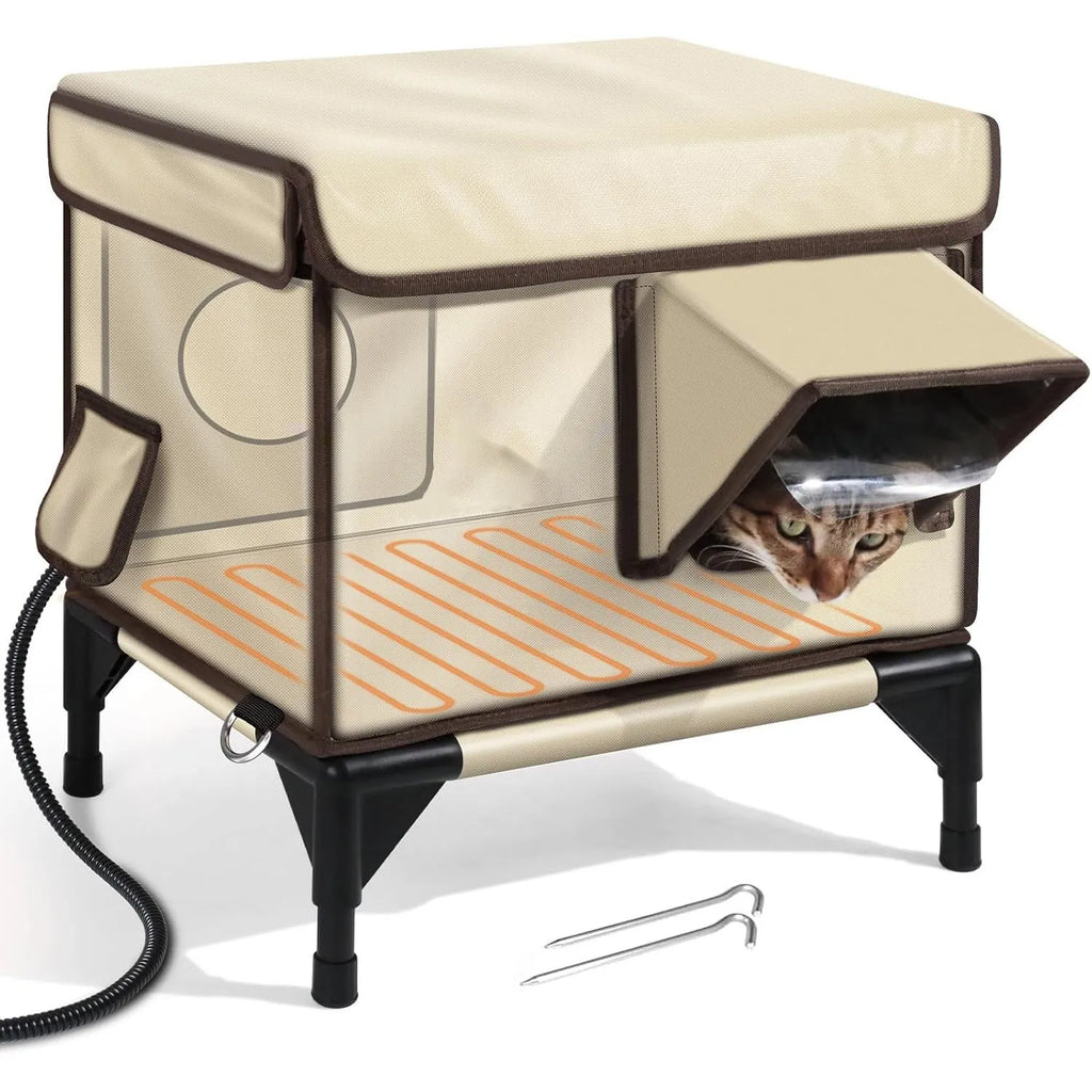 Outdoor beige Oxford cloth cat house on PVC frame, raised off ground, sizes M and S