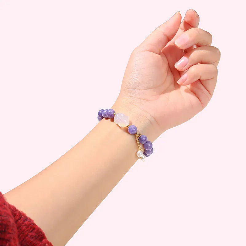 Purple aquamarine chalcedony lychee jelly agate rabbit bracelet with geometric beads