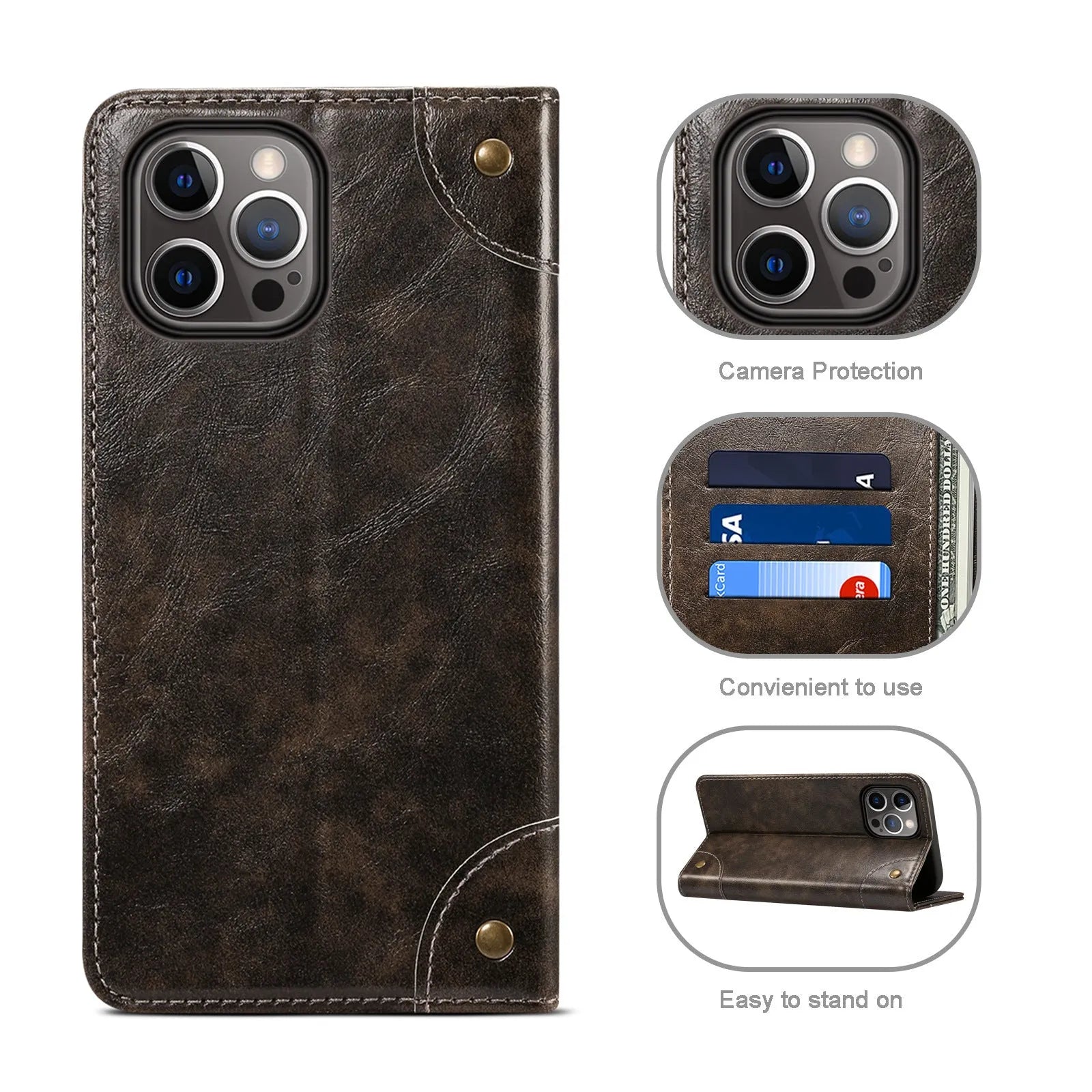 Flip phone case with magnetic card holster and stand bracket for iPhone 15 Pro Max in black