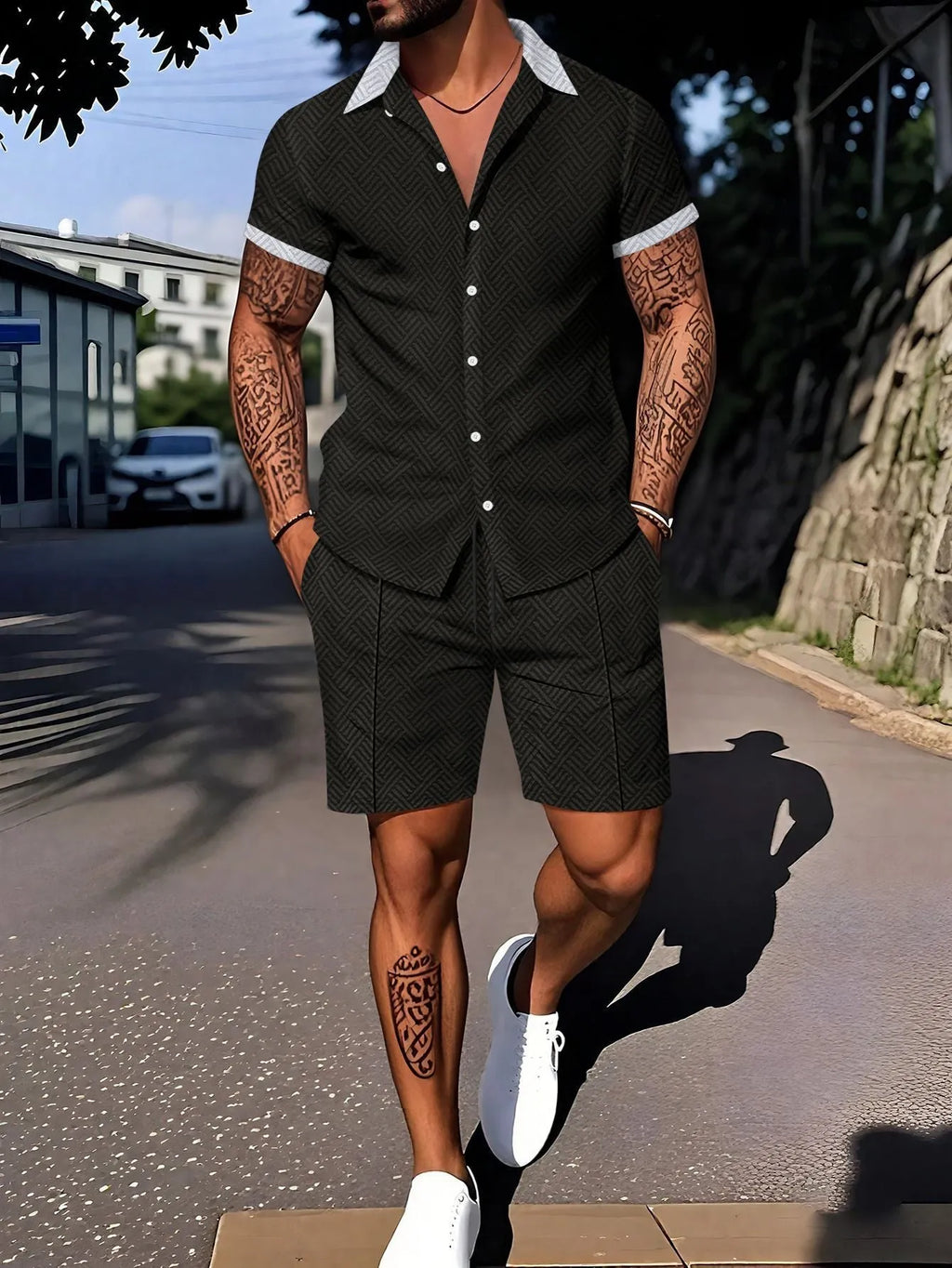 Men's digital print short sleeve casual suit set with matching shorts on a neutral background
