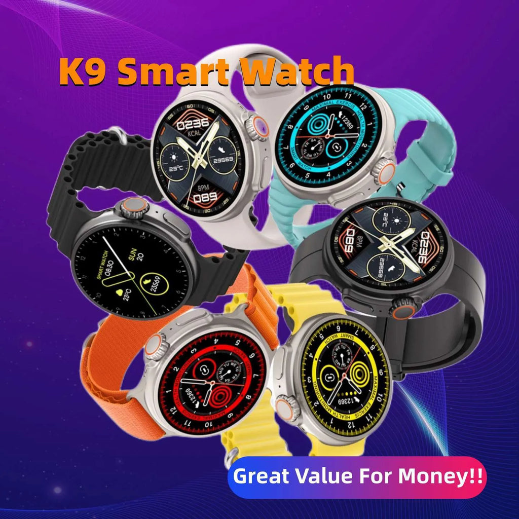 K9 smart watch with round screen showing health metrics, zinc alloy case, silicone strap in multiple colours