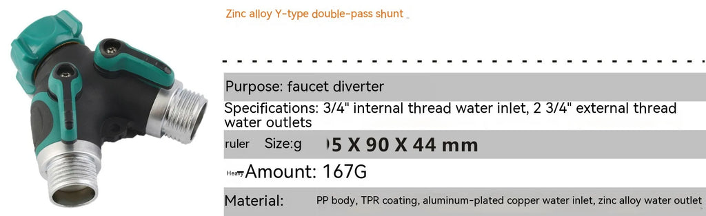 Zinc alloy garden hose ball valve diverter with 6-point double pass design for watering systems