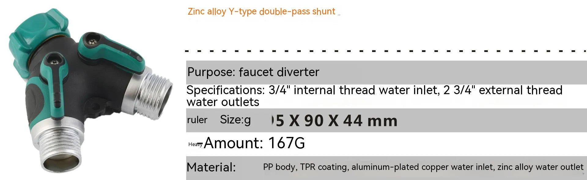 Zinc alloy garden hose ball valve diverter with 6-point double pass design for watering systems