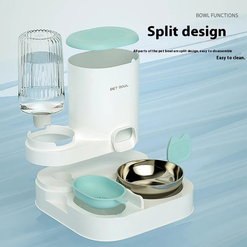 Automatic cat water fountain with two stainless steel feeding bowls in plastic housing