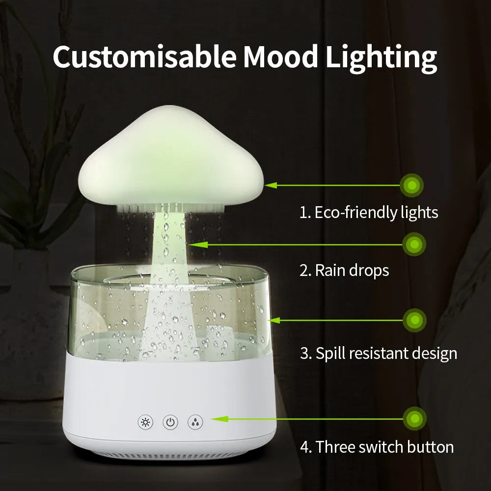 White raining cloud desk humidifier and night light with mushroom lamp design for aromatherapy