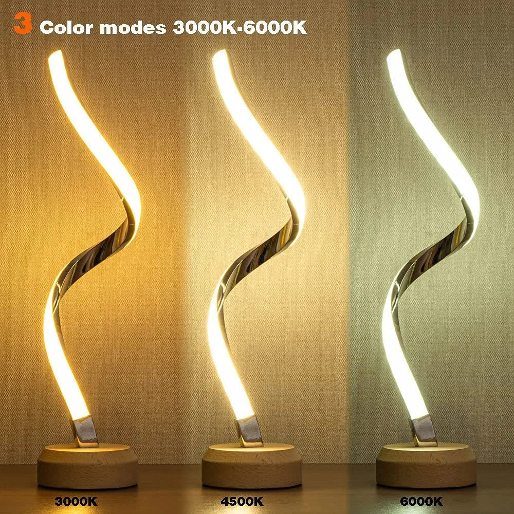 LED spiral table lamp with wooden base, USB power, touch dimming, and warm white light panel for bedside or desk.
