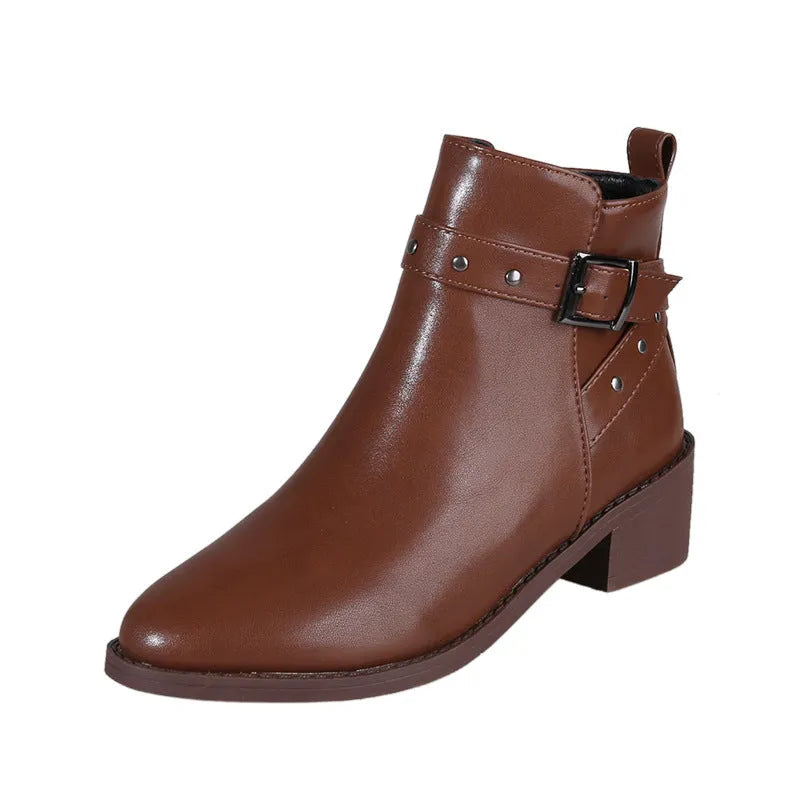 Retro chunky heel studded buckle pointed toe Martin boots in faux leather, black colour, block heel, rubber sole.