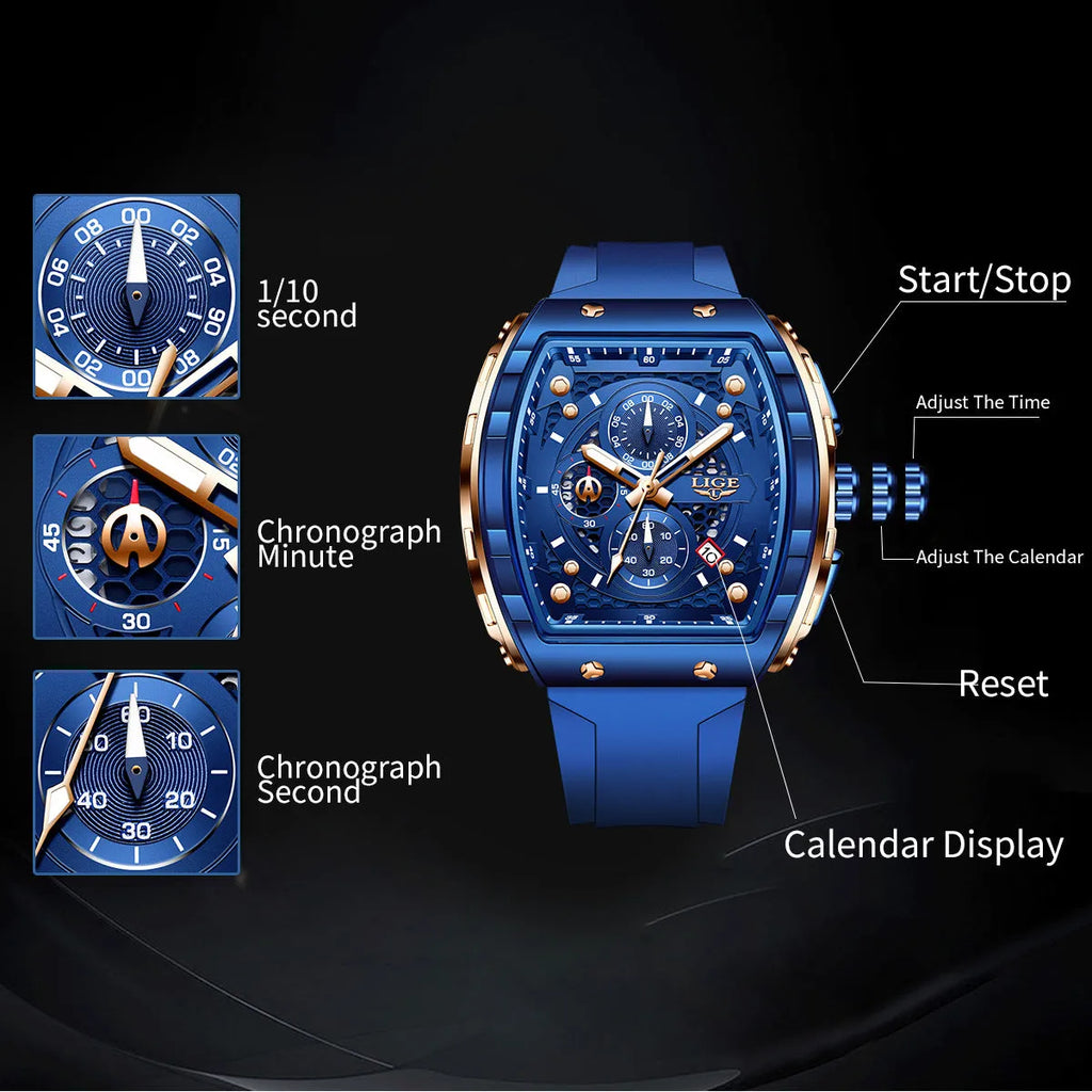 Men's sports quartz watch with large 50mm dial, luminous display, and waterproof build in all black colour