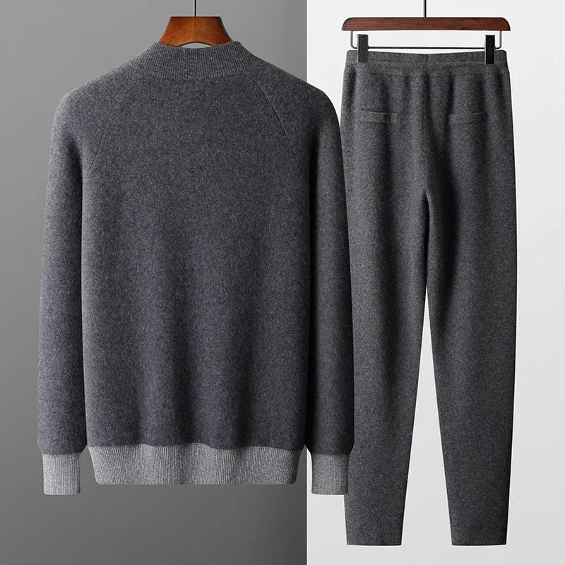 Men's navy blue cashmere blend sports cardigan suit with trousers for winter