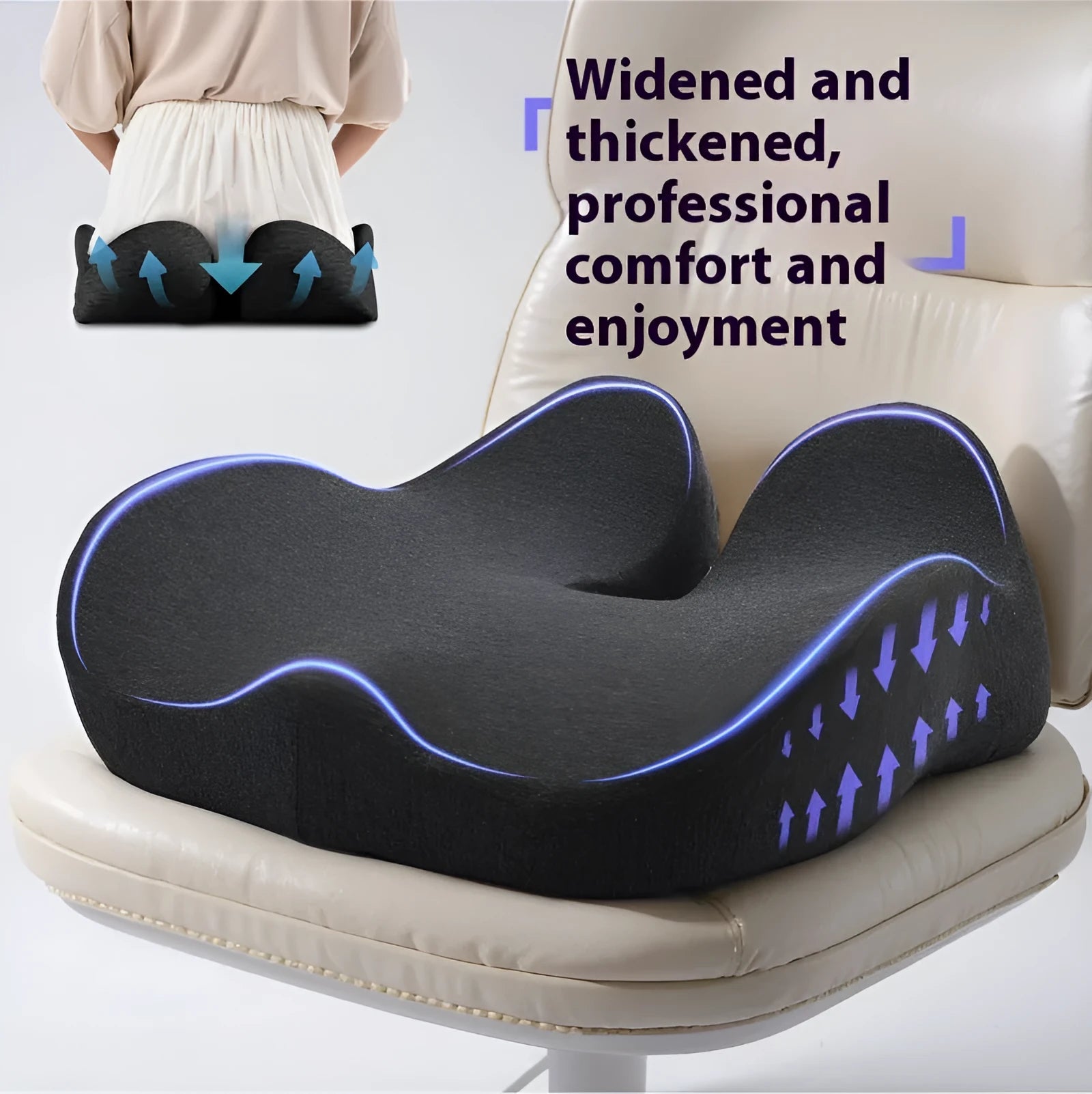 Light grey memory foam office chair cushion on a desk chair