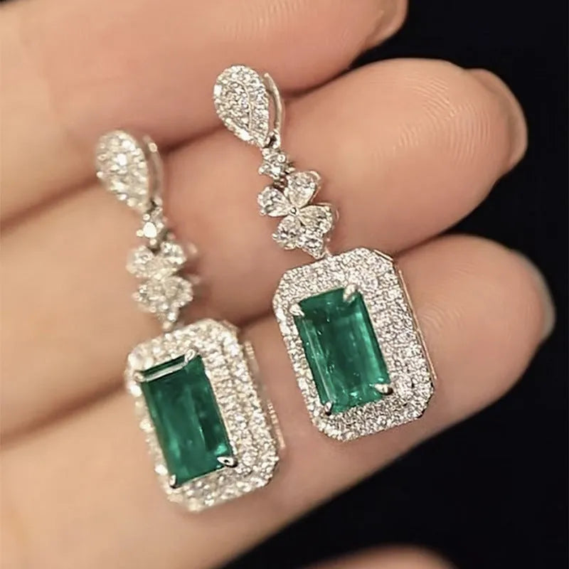 Green square bright zircon earrings with copper flower and geometric drop design for formal wear