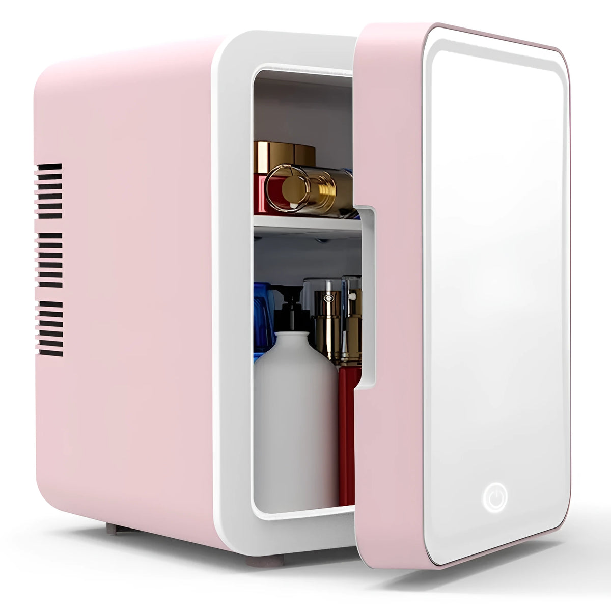 Pink mirror mini fridge for skincare with LED lights, ABS food-grade plastic, 180x240x250mm, US plug