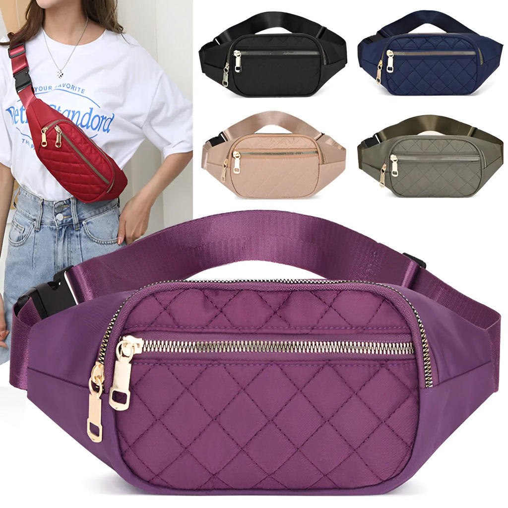 Rhombus nylon fanny pack for women, crossbody waist bag with zipper closure in solid colour, medium size, soft handle.