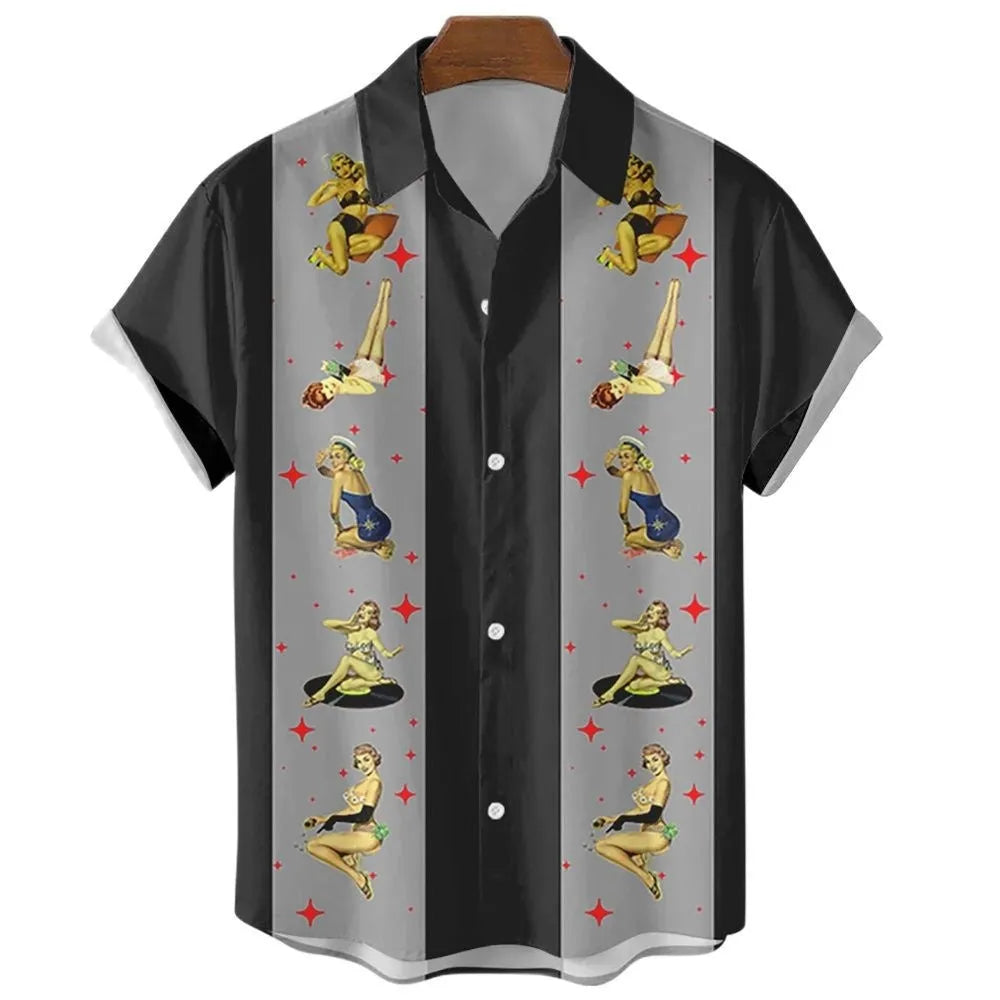 Men's striped Hawaiian casual short sleeve shirt in polyester fabric on a hanger