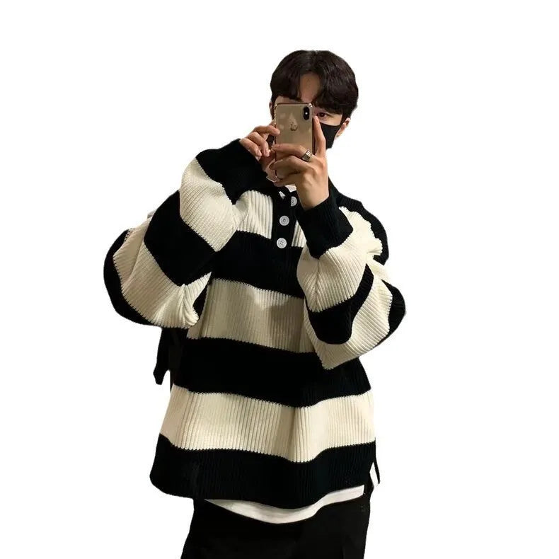 Men's loose fit striped sweater coat pullover in black or grey with long sleeves