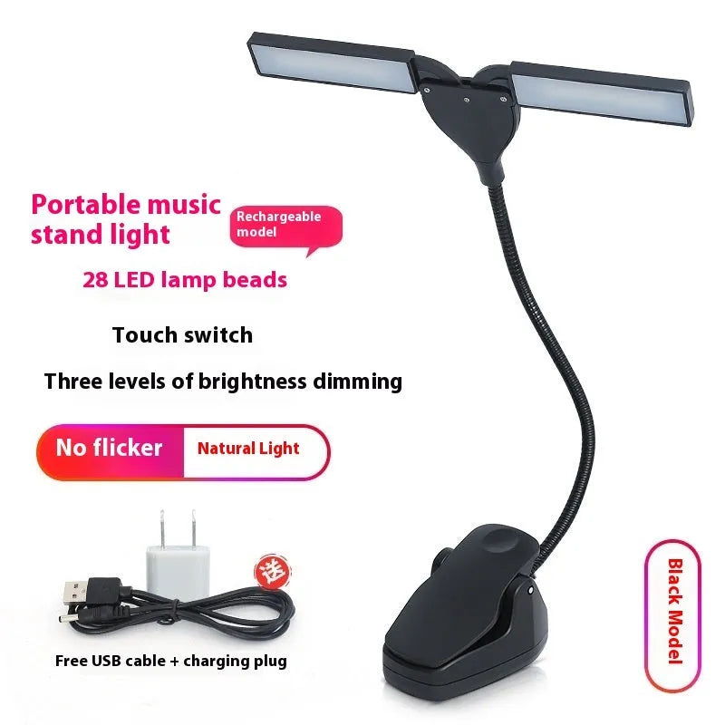 Black rechargeable music stand light with 28 LED lamps and USB cable on a metal music stand