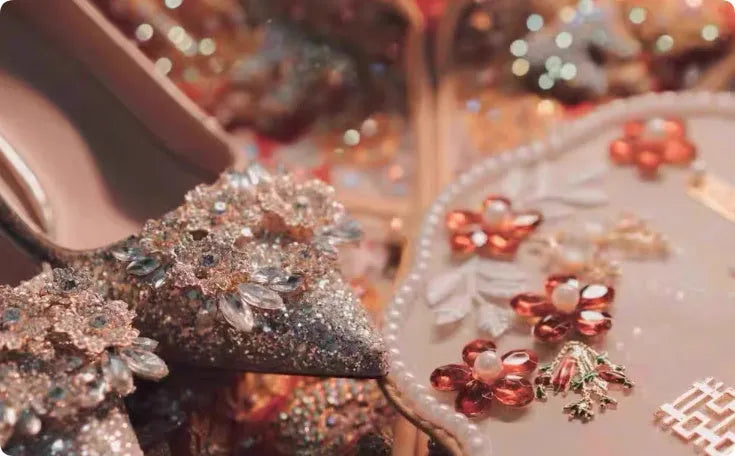 Champagne coloured bridal shoes with rhinestone crystal flower patterns and pointed toe design