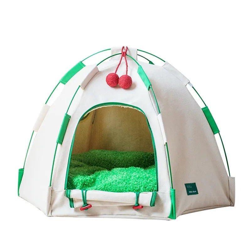 Dome-shaped cloth cat tent with optional thick padded mat for indoor pet sleeping