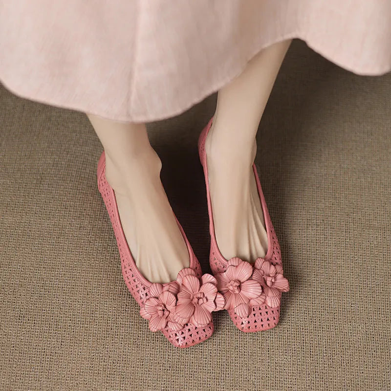 Women's light brown leather pumps with woven texture and hollow cut-out design on mid-height beef tendon soles