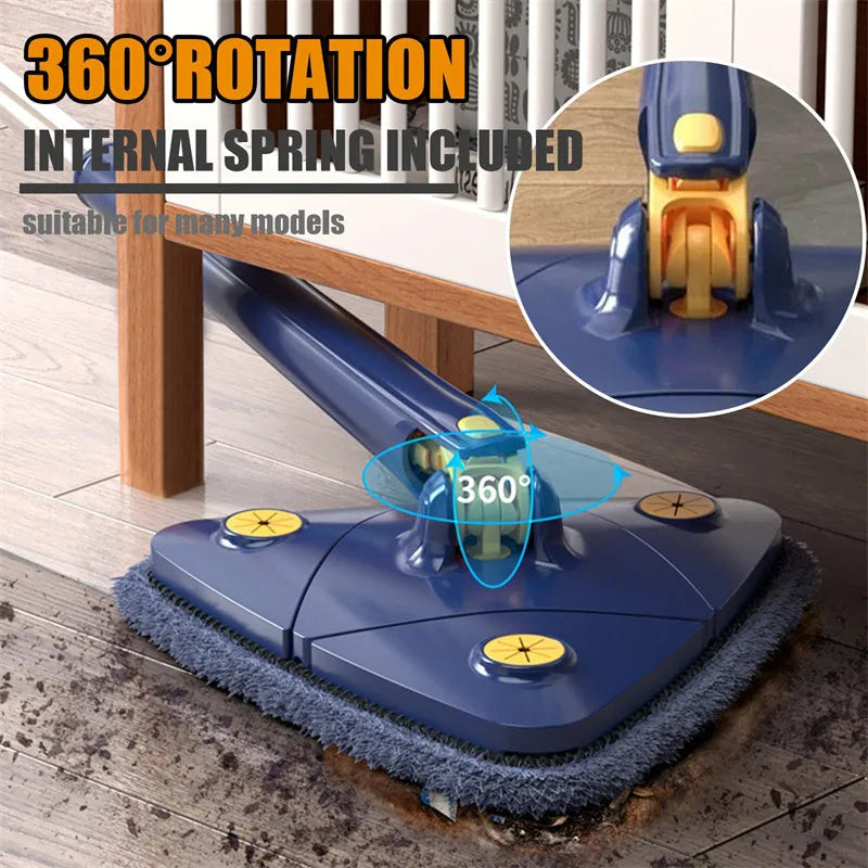 Blue triangle cleaning mop with rotating head and extendable stainless steel pole on tile floor