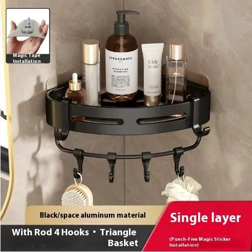 Gun grey wall-mounted corner bathroom storage rack with a single shelf, shown in a shower.