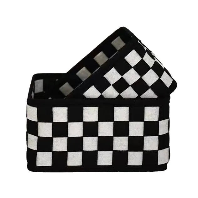 Checkerboard pattern woven felt storage basket folded and unfolded showing dimensions