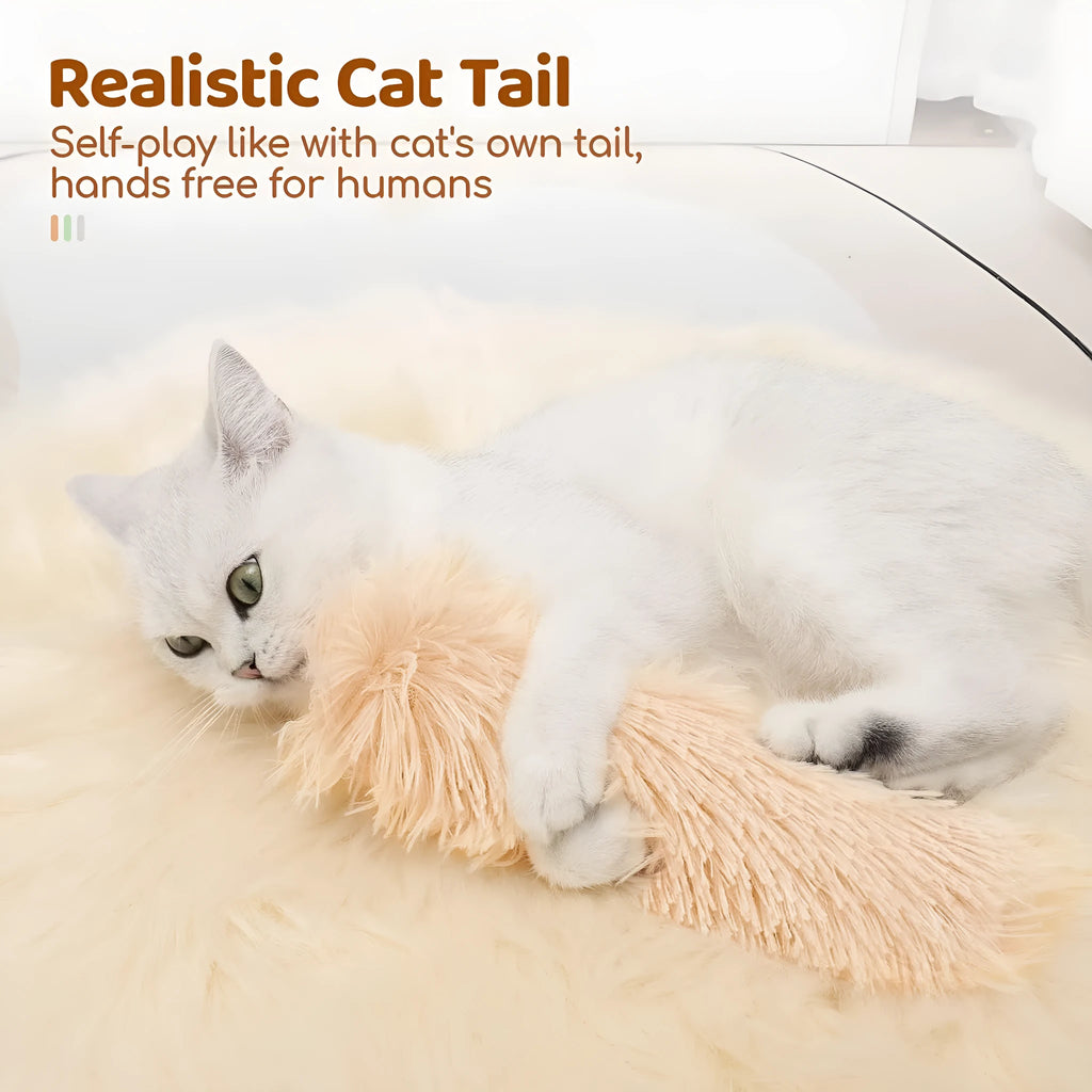 Plush cat toy pillow in blue, green, pink, and white colours, shown at 27cm by 10cm size
