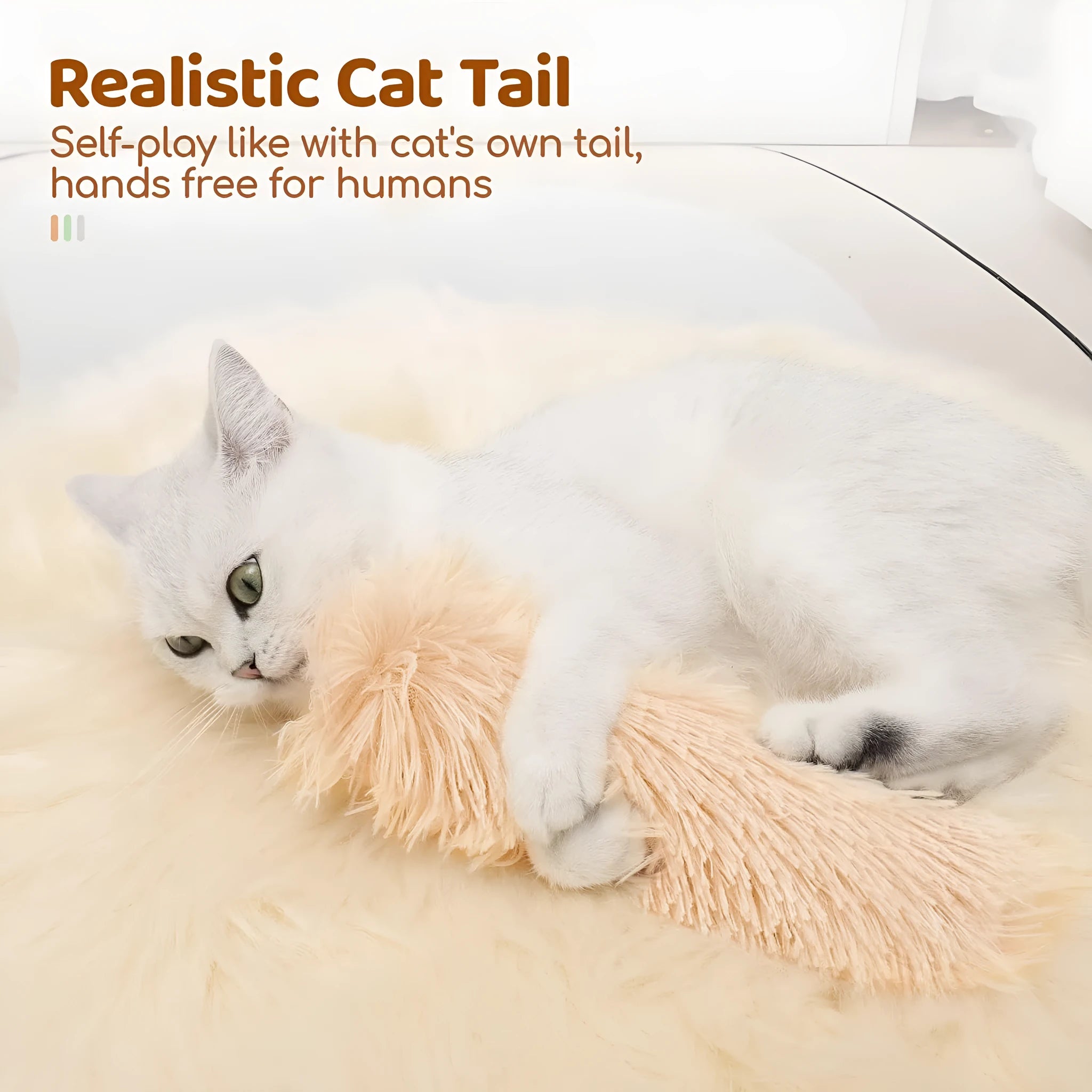 Plush cat toy pillow in blue, green, pink, and white colours, shown at 27cm by 10cm size