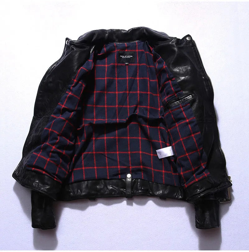 Men's black horse leather motorcycle jacket with acetate lining, plain pattern, sizes S to XXL