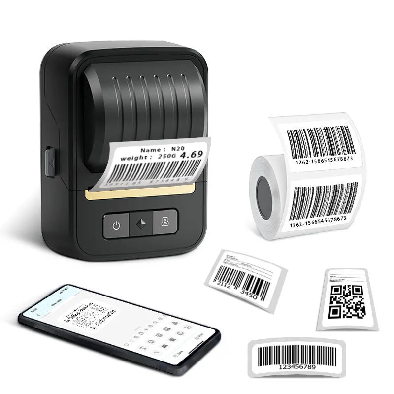 Black Bluetooth thermal label printer with 203DPI, 2000mAh battery, and 1 roll of 40x30mm labels