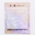 Square planet-themed sticky note notepad showing oil painting designs of moon, earth, and mars.