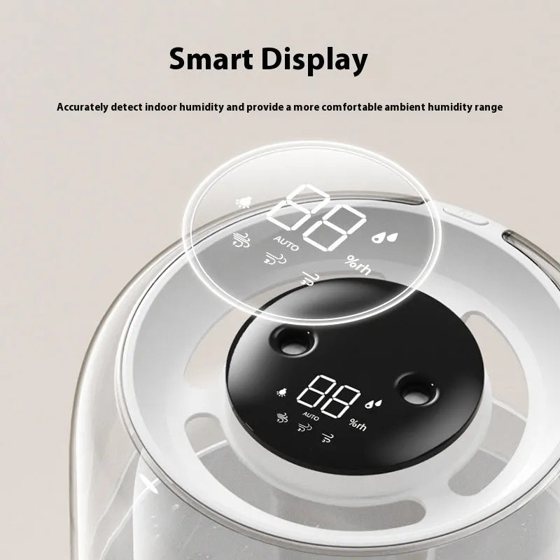Beige round USB humidifier with dual spray nozzles, digital display, and night light on a table