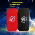 Red square taekwondo foot target pad for kicking practice, 40cm long.