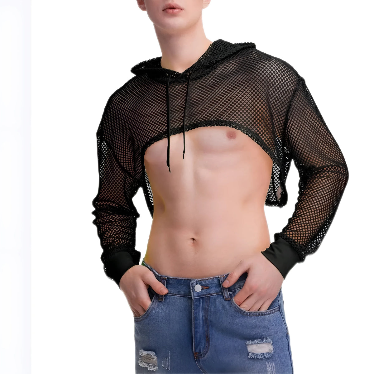 Black men's micro-transparent cutout long sleeve slim fit pullover top, cotton blend, sizes S-XXXL