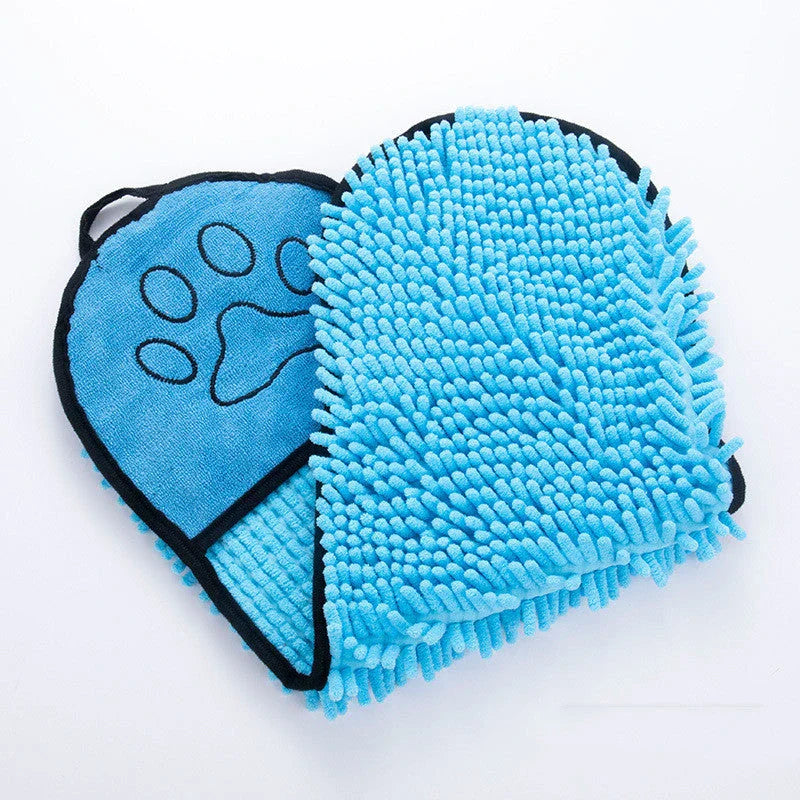 Ultra-absorbent microfiber pet towels in various colors, including blue, purple, grey, and rose red, with a unique double-pocket design for convenient drying and cleaning of dogs and cats