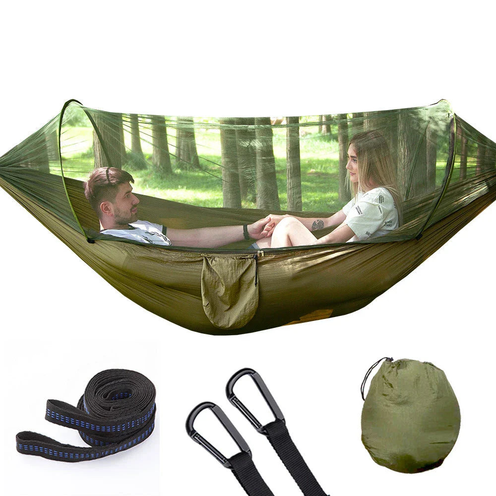 Premium 210T nylon outdoor hammock with mosquito net, featuring a quick pop-up design for easy setup and versatile use in various outdoor settings.