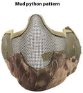Carbon steel protective face mask in tactical camouflage pattern with head-mounted design for outdoor field defence