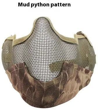 Carbon steel protective face mask in tactical camouflage pattern with head-mounted design for outdoor field defence
