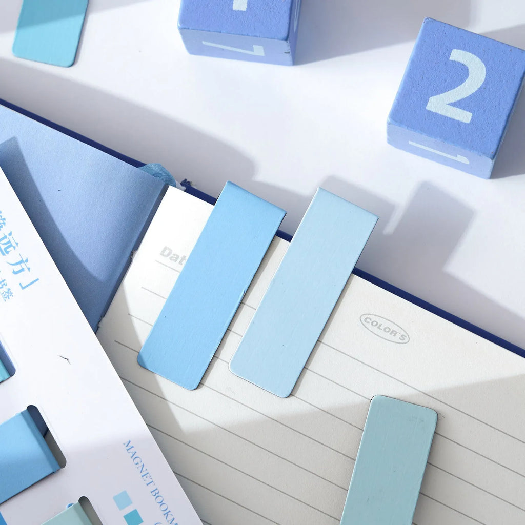 Four magnetic Morandi colour block bookmarks showing soft evening breeze, Lanshan breeze, gentle twilight and quiet distance variants