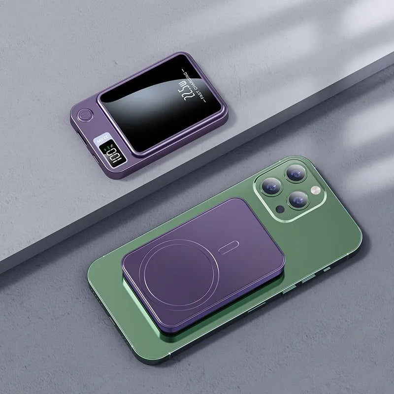 Wireless power bank in industrial style plastic design showing Magsafe charging surface
